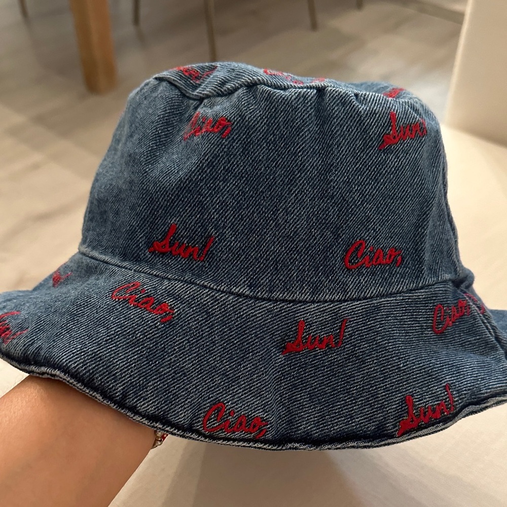 Denim Bucket Hat with Red Embroidery